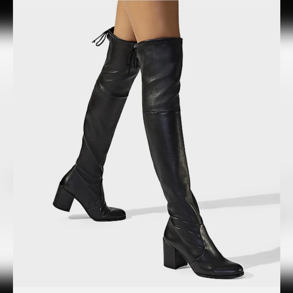 New!Designer Stuart Weitzman Black Leather Over The Knee Pull On Boots Y2K  Retr